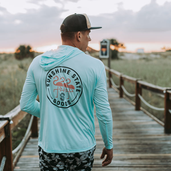 TRES FLAMINGOS UNISEX SOLAR HOODIE - SEA FOAM - Sunshine State® Goods