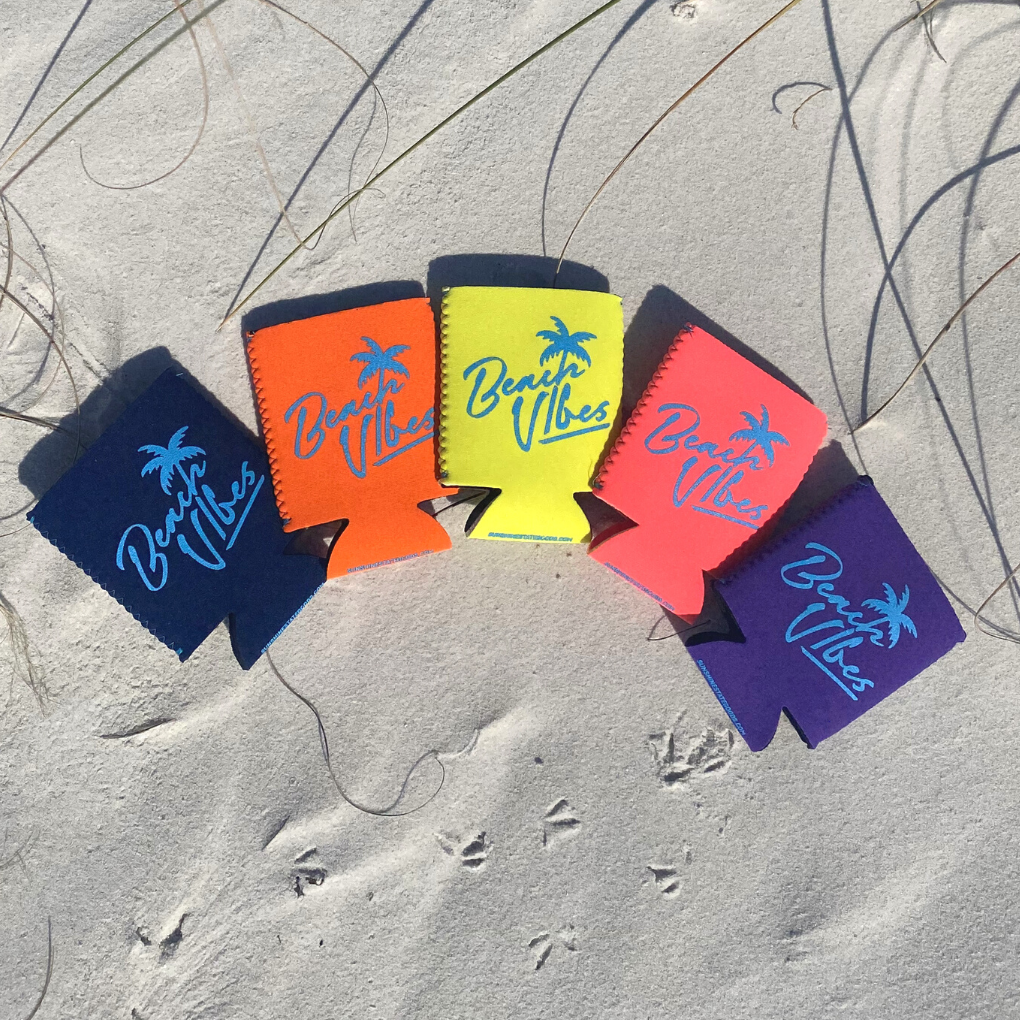 Personalized Beach Vacation Coolies or Can Koozies with White Palms