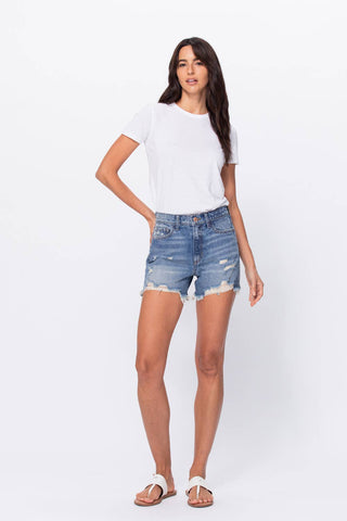SNEAK PEEK HIGH RISE 90'S SHORTS WITH FRAY HEM AND DISTRESS - Sunshine State®