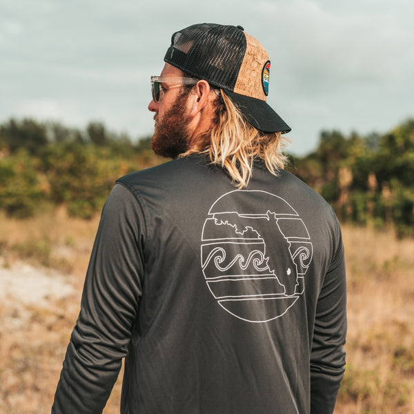 RETRO SUNSET OUTLINE MENS SOLAR PERFORMANCE SHIRT- METAL - Sunshine State®